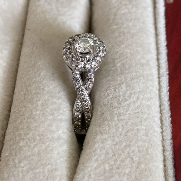 14K WG Crisscross Shank Genuine Diamond Halo Engagement Ring - Picture 9 of 11